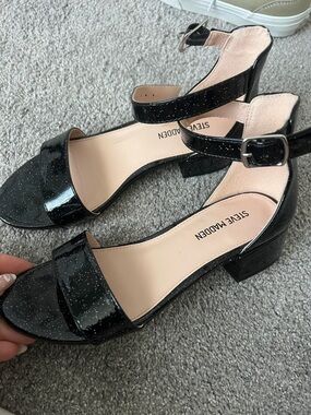 Steve Madden Black Glitter Patent Ankle-Strap Block Heel Sandals